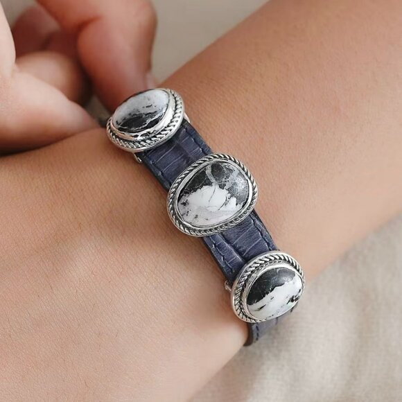 Artisan Crafted ✦ White Buffalo Trilogy Bracelet ✦ Sterling Silver Black Leather - Picture 1 of 6